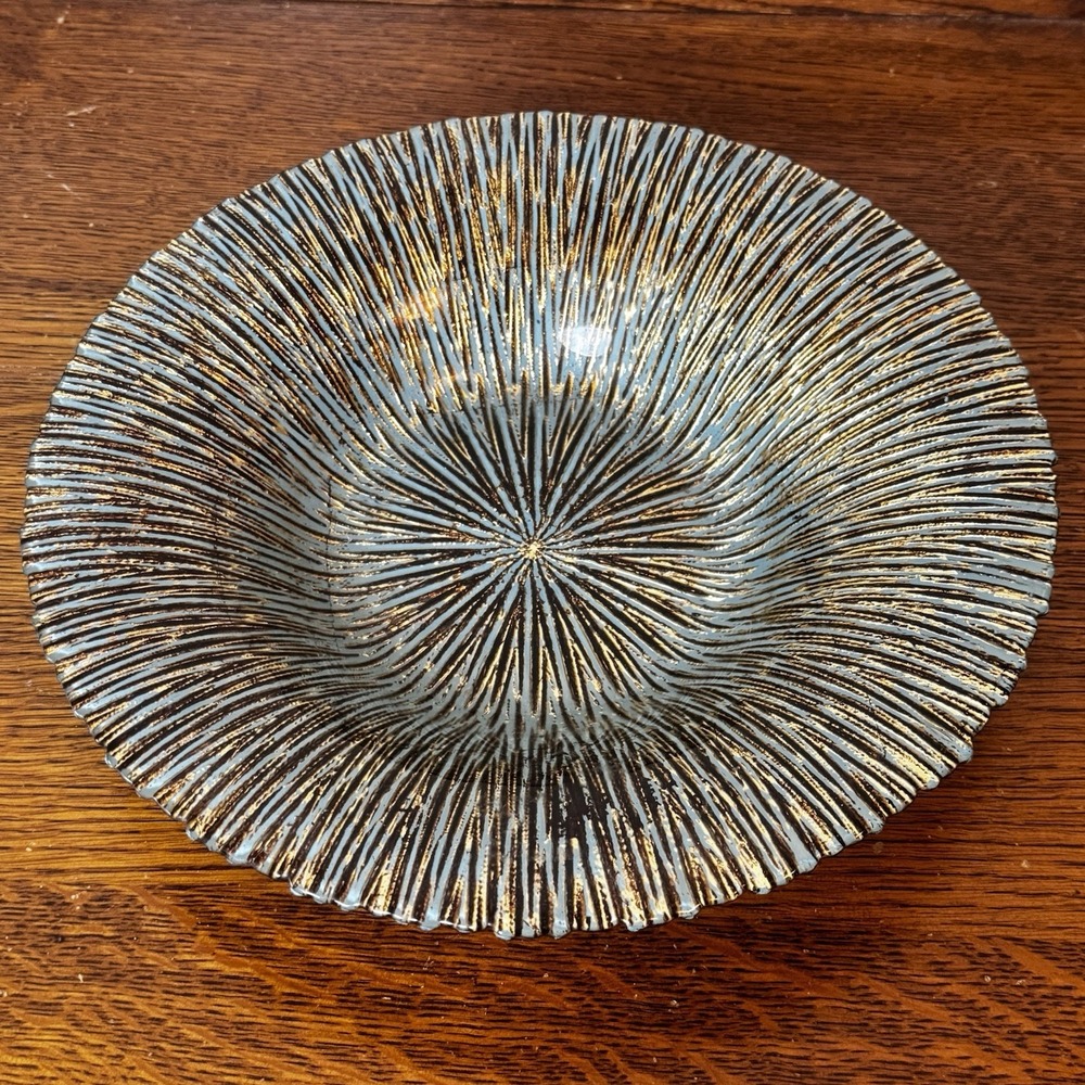 Vintage Aqua Gold Starburst Glass Bowl Textured Mid‎ Century Decorative 12"